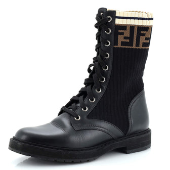 Fendi Women's Rockoko Combat Boots Leather with Knit Stretch Fabric and Zucca Trim