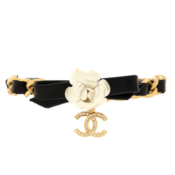 Chanel CC Camellia Chain Bracelet Metal and Leather with Crystals
