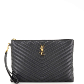 Saint Laurent Classic Monogram Wristlet Pouch Matelasse Chevron Leather Medium