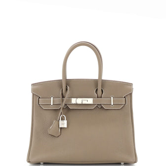 Hermes Birkin Handbag Grey Clemence with Palladium Hardware 30