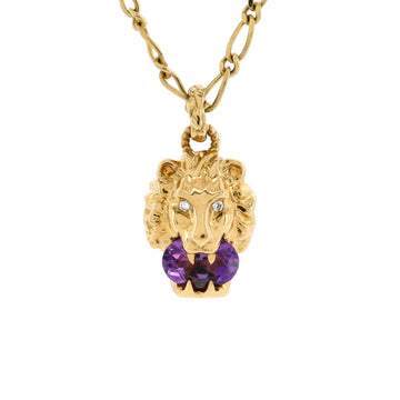 Gucci Lion Head Necklace 18K Yellow Gold with Amethyst and Diamonds