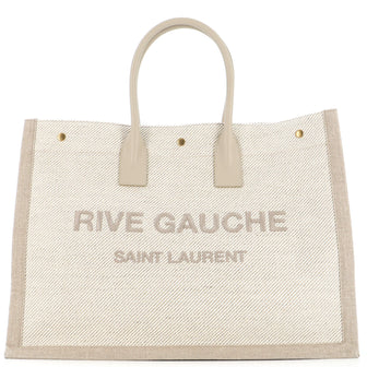 Saint Laurent Rive Gauche Shopper Tote Embroidered Cotton and Linen Small