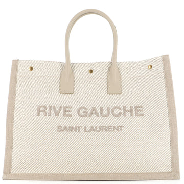 Saint Laurent Rive Gauche Shopper Tote Embroidered Cotton and Linen Small