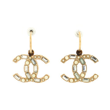 Chanel CC Dangle Earrings Faux Pearls and Crystal Embellished Metal Large