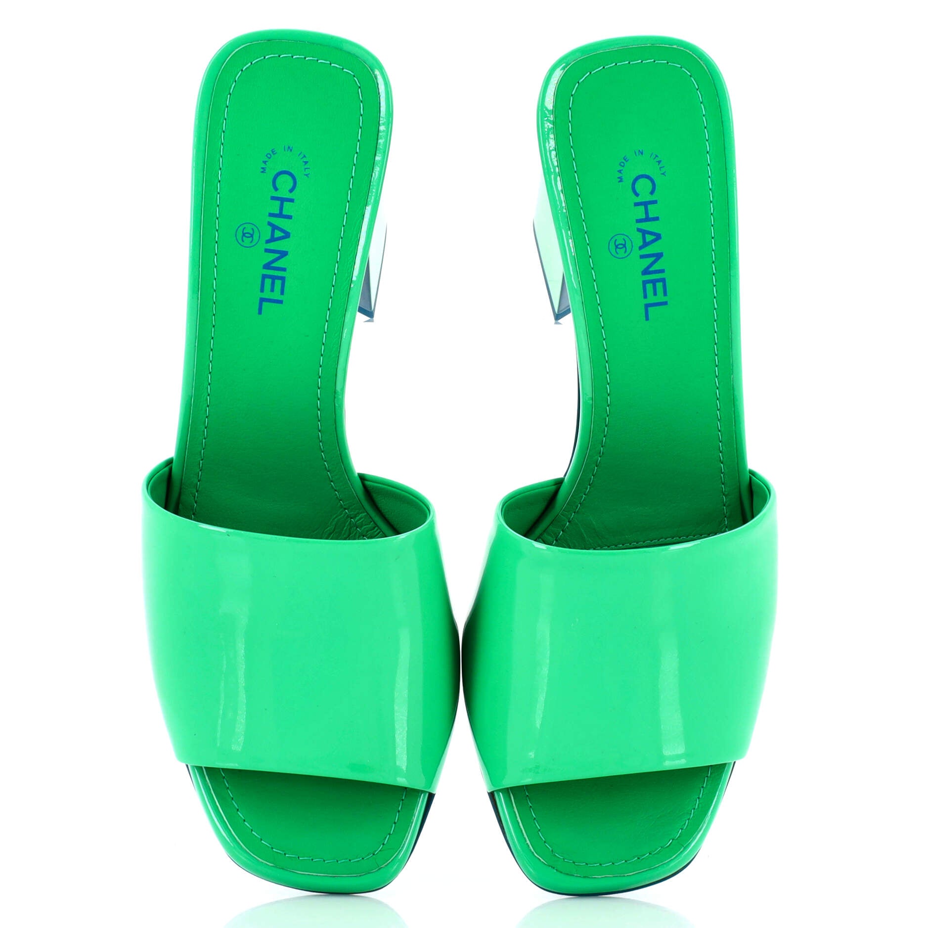 Chanel Women's CC Block Heeled Mule Sandals Patent Green 2575411