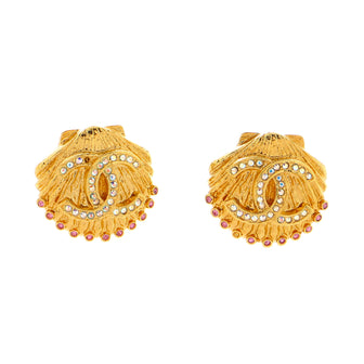 Chanel CC Shell Stud Earrings Metal with Crystals