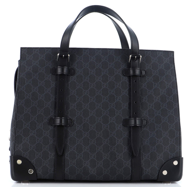 gucci travel business tote bag Gucci Buckle Travel Tote GG Coated Canvas with Leather Large Black 25766436