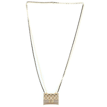 Chanel Flap Bag Pendant Long Necklace Quilted Metal with Lambskin and Faux Pearls