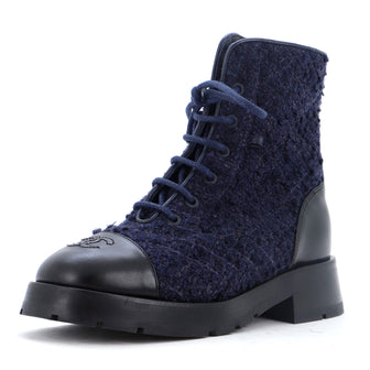 Chanel Women's Chain CC Cap Toe Lace Up Combat Boots Tweed and Leather