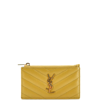 Saint Laurent Monogram Fragments Zip Card Holder Matelasse Chevron Leather