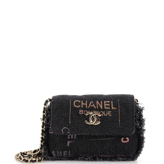 Chanel Denim Mood Flap Clutch with Chain Logo Printed Quilted Fringe Denim
