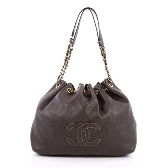 Chanel Vintage CC Drawstring Chain Shoulder Bag Leather Small Brown 2587004
