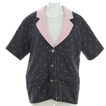 Chanel Women's Short Sleeve Pointed Collar Jacket CC Stripe Printed Cotton with Tweed