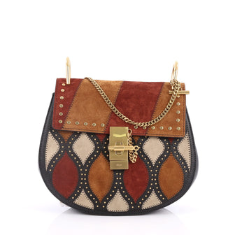 Chloe Drew Crossbody Bag Studded Patchwork Suede with Leather Small Red 2588201