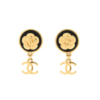 Chanel Camellia CC Drop Earrings Metal with Leather