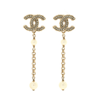 Chanel Pearl CC Chain Drop Earrings Metal with Faux Pearls