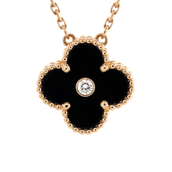Van Cleef & Arpels Vintage Alhambra Pendant Necklace 18K Rose Gold and Onyx with Diamond