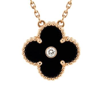 Van Cleef & Arpels Vintage Alhambra Pendant Necklace 18K Rose Gold and Onyx with Diamond