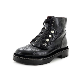 Chanel Women's Cap Toe CC Chain Around Pearl Combat Boots Leather