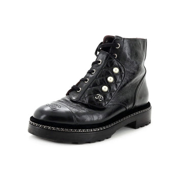 Chanel Women's Cap Toe CC Chain Around Pearl Combat Boots Leather