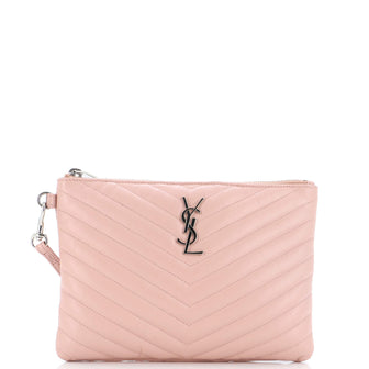 Saint Laurent Classic Monogram Wristlet Pouch Matelasse Chevron Leather Small