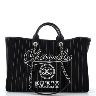Chanel Deauville Tote Pinstripe Cotton Large