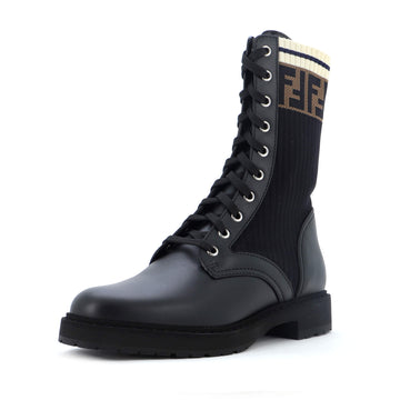 Fendi Women's Rockoko Combat Boots Leather with Knit Stretch Fabric and Zucca Trim