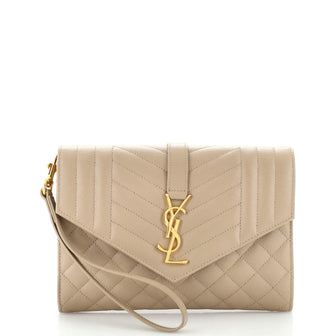 Saint Laurent Classic Monogram Envelope Wristlet Clutch Matelasse Chevron Leather