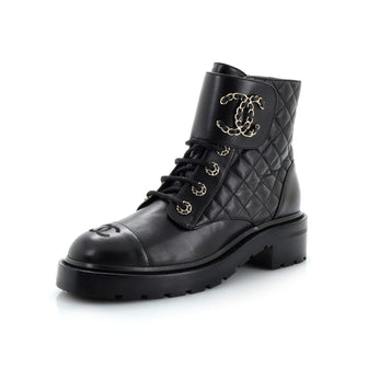 Chanel Women's Chain CC Cap Toe Lace Up Combat Boots Quilted Leather