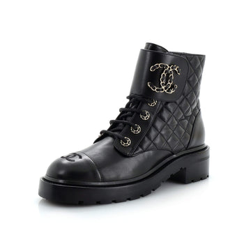 Chanel Women's Chain CC Cap Toe Lace Up Combat Boots Quilted Leather
