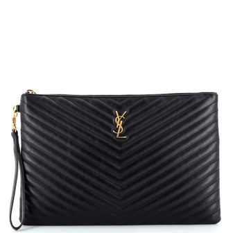 Saint Laurent Classic Monogram Wristlet Pouch Matelasse Chevron Leather Large