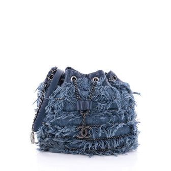Chanel Drawstring Charm Bucket Bag Fringe Denim Blue 2611101
