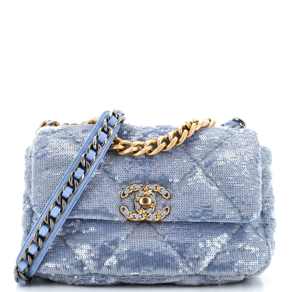 Chanel 19 Flap Bag Quilted Sequins Medium Blue 2611641