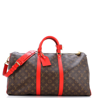 Louis Vuitton Keepall Bandouliere Bag Monogram Canvas with Coquelicot Leather Trim 50