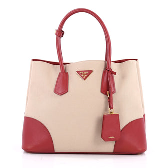 Prada Cuir Double Tote Canvas and Saffiano Leather Medium Red 2621201