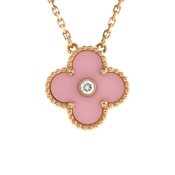 Van Cleef & Arpels Vintage Alhambra Pendant Necklace 18K Rose Gold and Pink Sevres Porcelain with Diamond