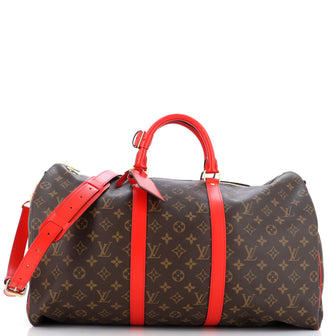 Louis Vuitton Keepall Bandouliere Bag Monogram Canvas with Coquelicot Leather Trim 50