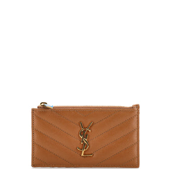 Saint Laurent Monogram Fragments Zip Card Holder Matelasse Chevron Leather