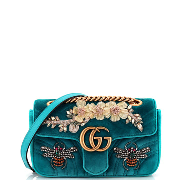 Gucci GG Marmont Flap Bag Embellished Matelasse Velvet Mini