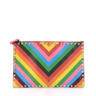  Valentino 1973 Rockstud Zip Pouch Striped Leather Large Orange 2629101