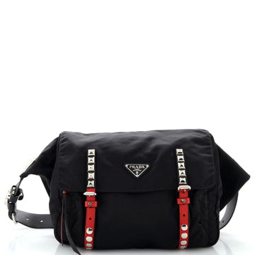 Prada New Vela Flap Messenger Bag Tessuto with Studded Leather Medium