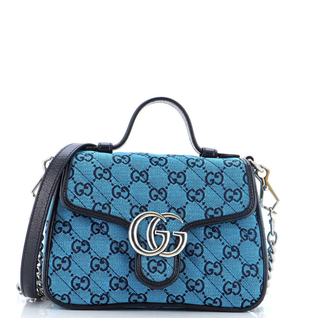 Gucci GG Marmont Top Handle Flap Bag Diagonal Quilted GG Canvas