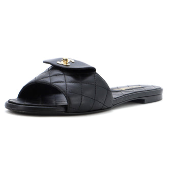 Chanel Women's CC Turnlock Slide Sandals Quilted Leather