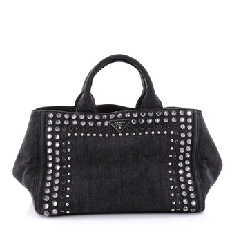 Prada Canapa Convertible Tote Rhinestone Embellished Denim Large Black 2640106