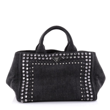 Prada Canapa Convertible Tote Rhinestone Embellished Denim Large Black 2640106