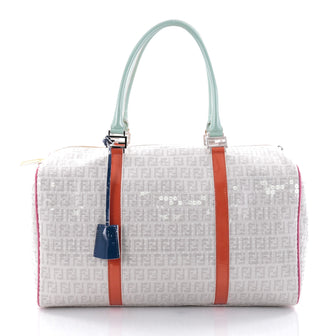 Fendi Boston Bag Sequin Embellished Zucchino Coated Canvas Large White 2641101