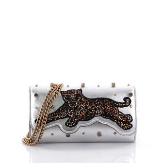 Gucci Broadway Tiger Chain Clutch Embellished Leather Mini Silver 2659602