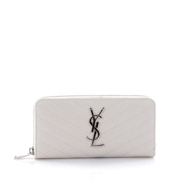 Saint Laurent Classic Monogram Zip Around Wallet Matelasse Chevron Leather White 2681606