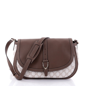 Gucci Stirrup Flap Crossbody Bag Coated Canvas with Leather Medium Brown 2686901