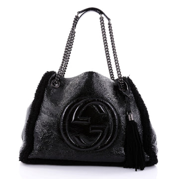 Gucci Soho Chain Strap Shoulder Bag Patent and Shearling Medium Black 2688803